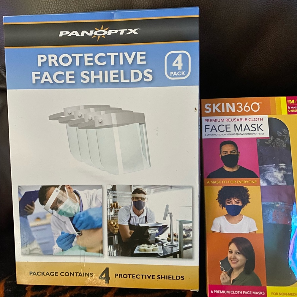 Face shields(4),face masks(6). New,never opened. Assorted colors.